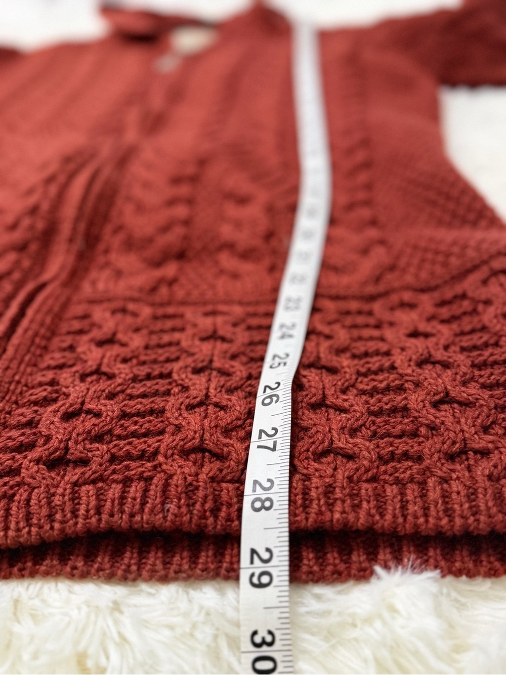 Aran Merino Wool Cable Knit Hooded Zip Cardigan – Rust Red, Size Medium - Picture 8 of 14